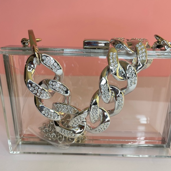 Crystal Chunky Chain Silver/Clear Box Clutch Handbag - Picture 7 of 7
